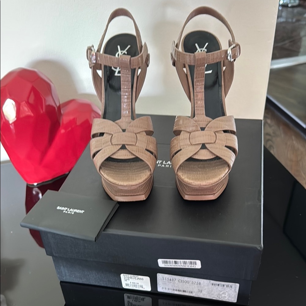Saint Laurent Tan Platform Sandals with Strappy Design